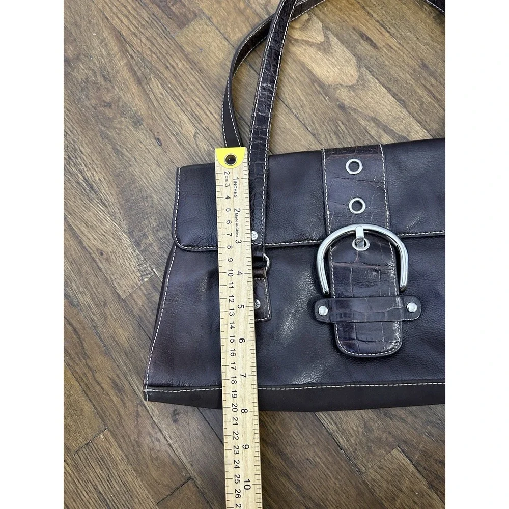 Franco Sarto brown leather shoulder bag Silver Buckle Croc Embossed Y2K Med Size